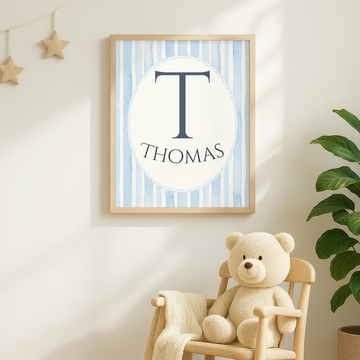 Personalized Teddy Bear Nursery Art, Blue Stripe Swing Print (Digital Print)