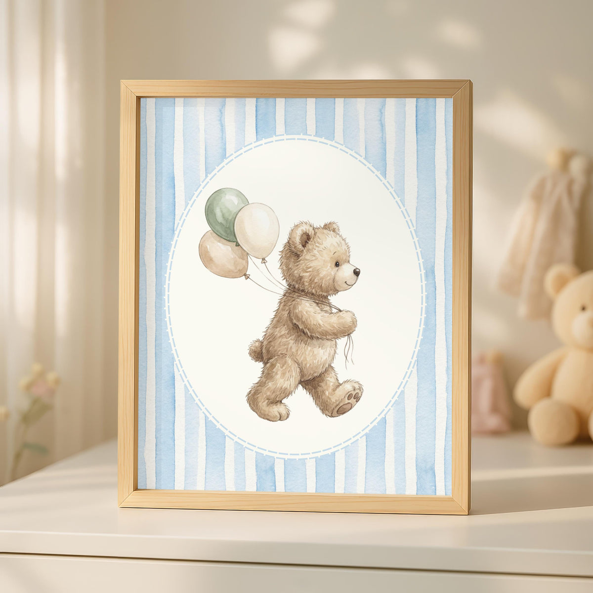 Personalized Teddy Bear Nursery Art, Blue Stripe Swing Print (Digital Print)