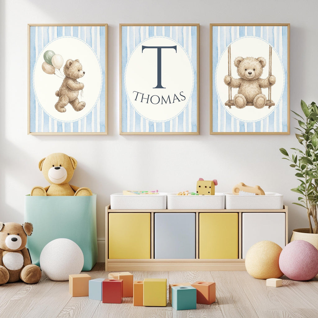 Personalized Teddy Bear Nursery Art, Blue Stripe Swing Print (Digital Print)