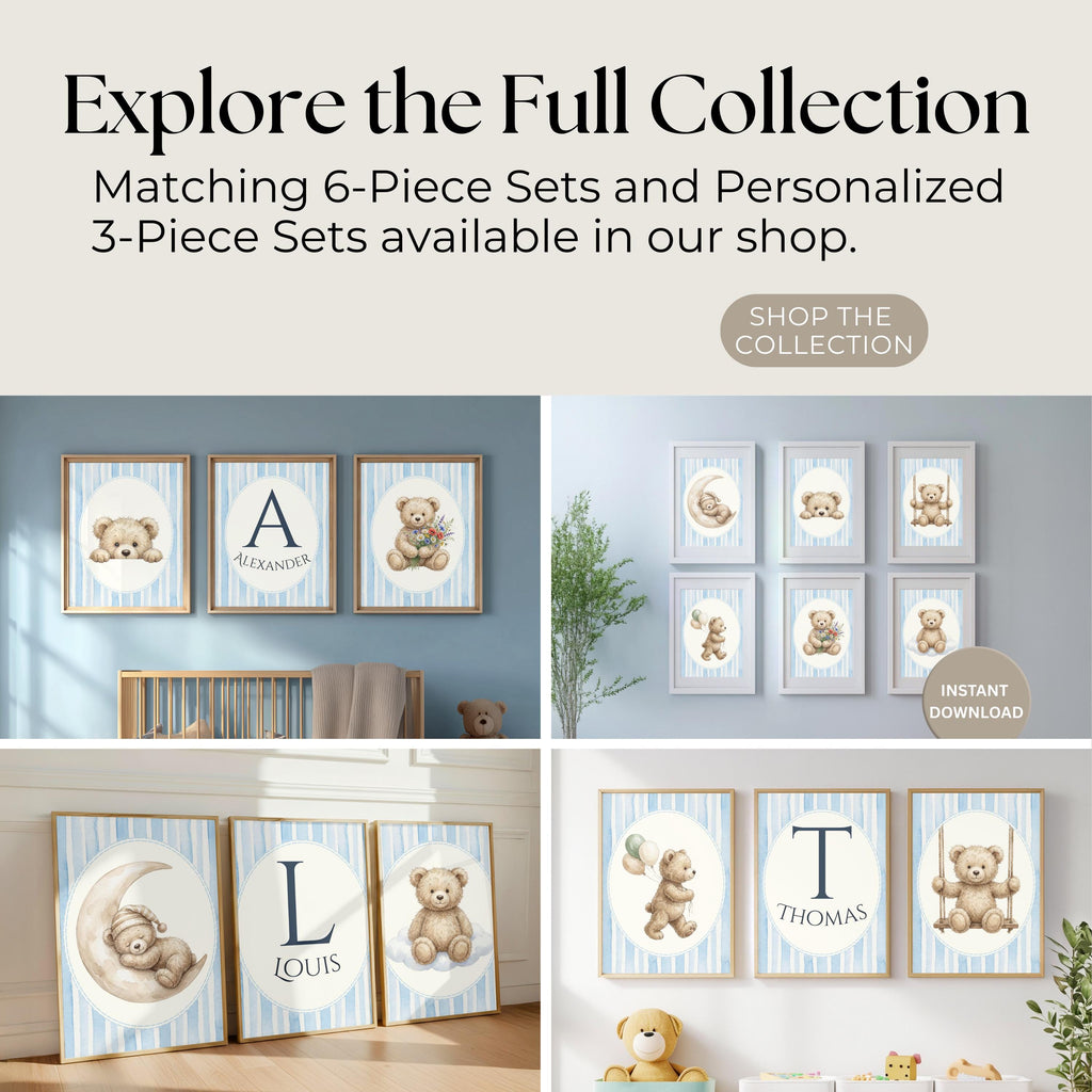 Personalized Blue Floral Teddy Bear Nursery Print, Custom Name (Digital Print)