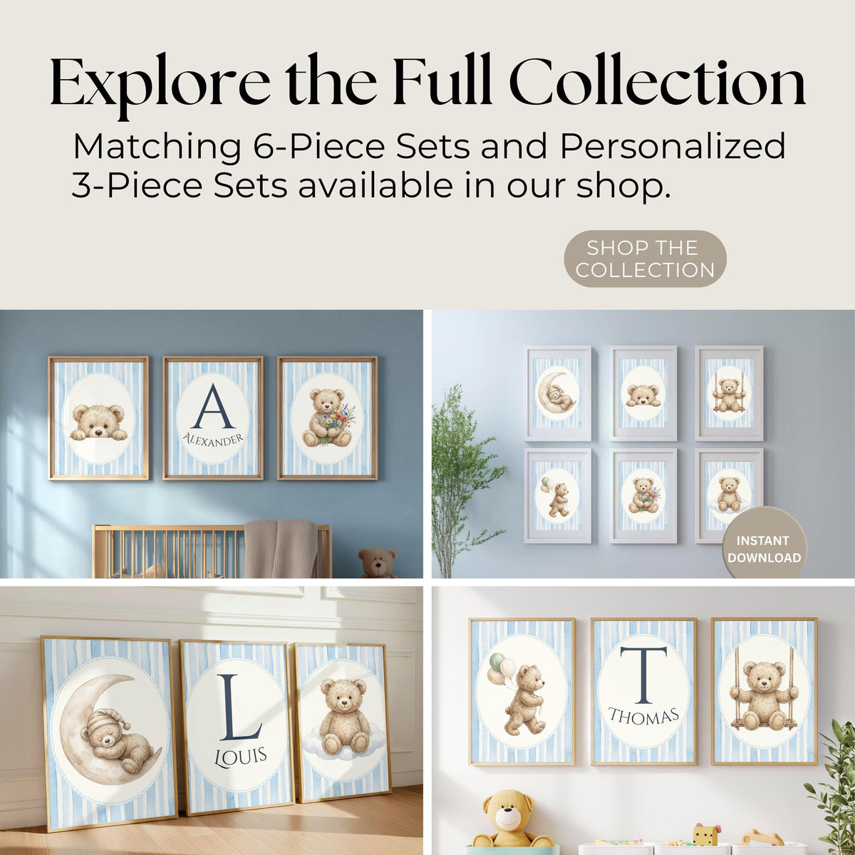 Personalized Blue Floral Teddy Bear Nursery Print, Custom Name (Digital Print)