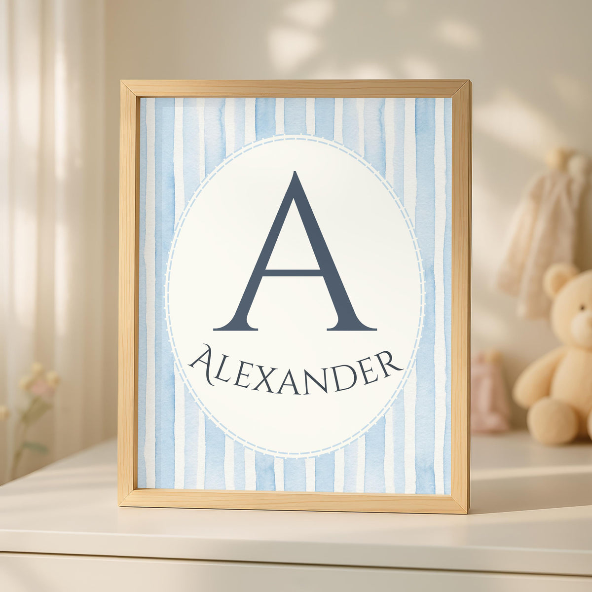 Personalized Blue Floral Teddy Bear Nursery Print, Custom Name (Digital Print)