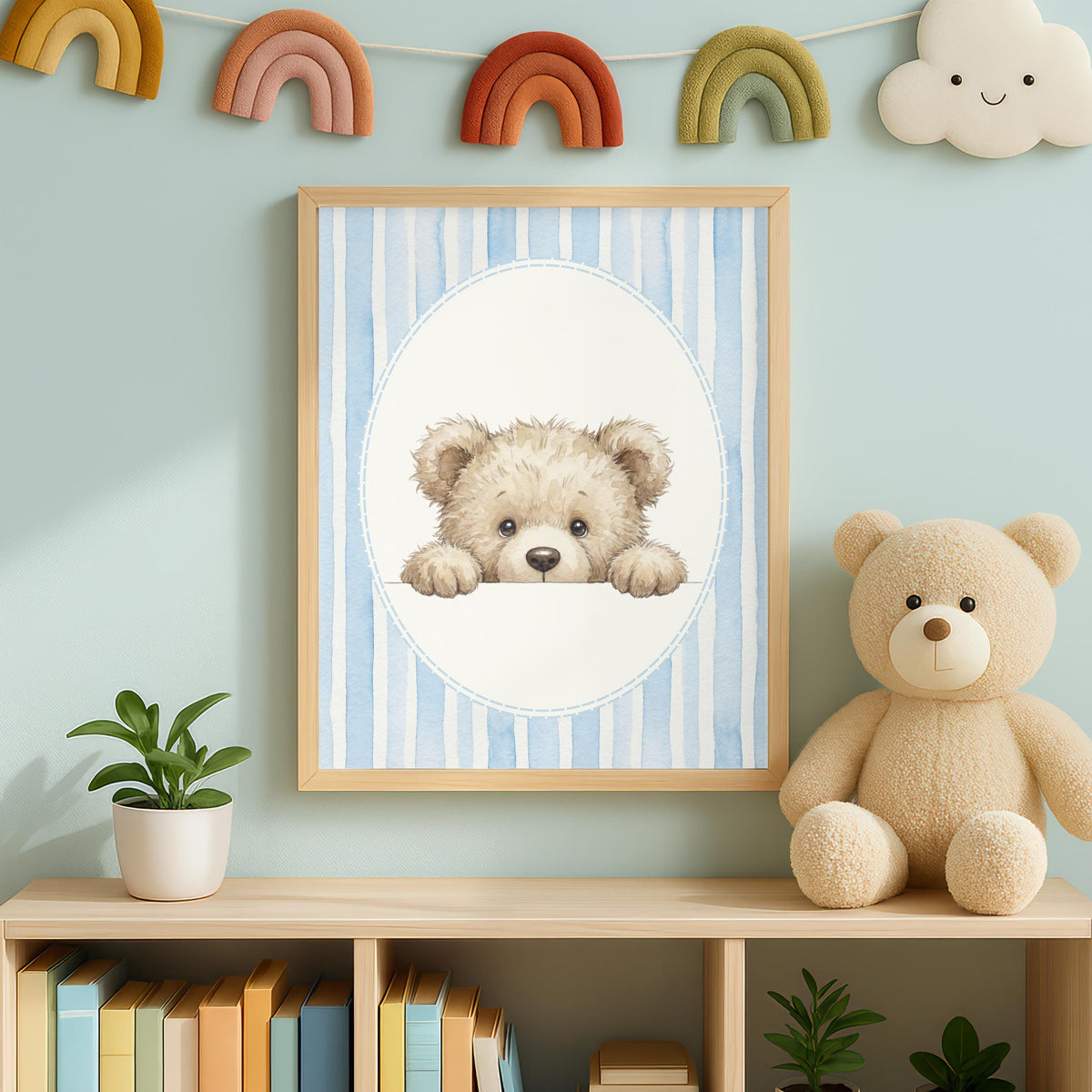 Personalized Blue Floral Teddy Bear Nursery Print, Custom Name (Digital Print)
