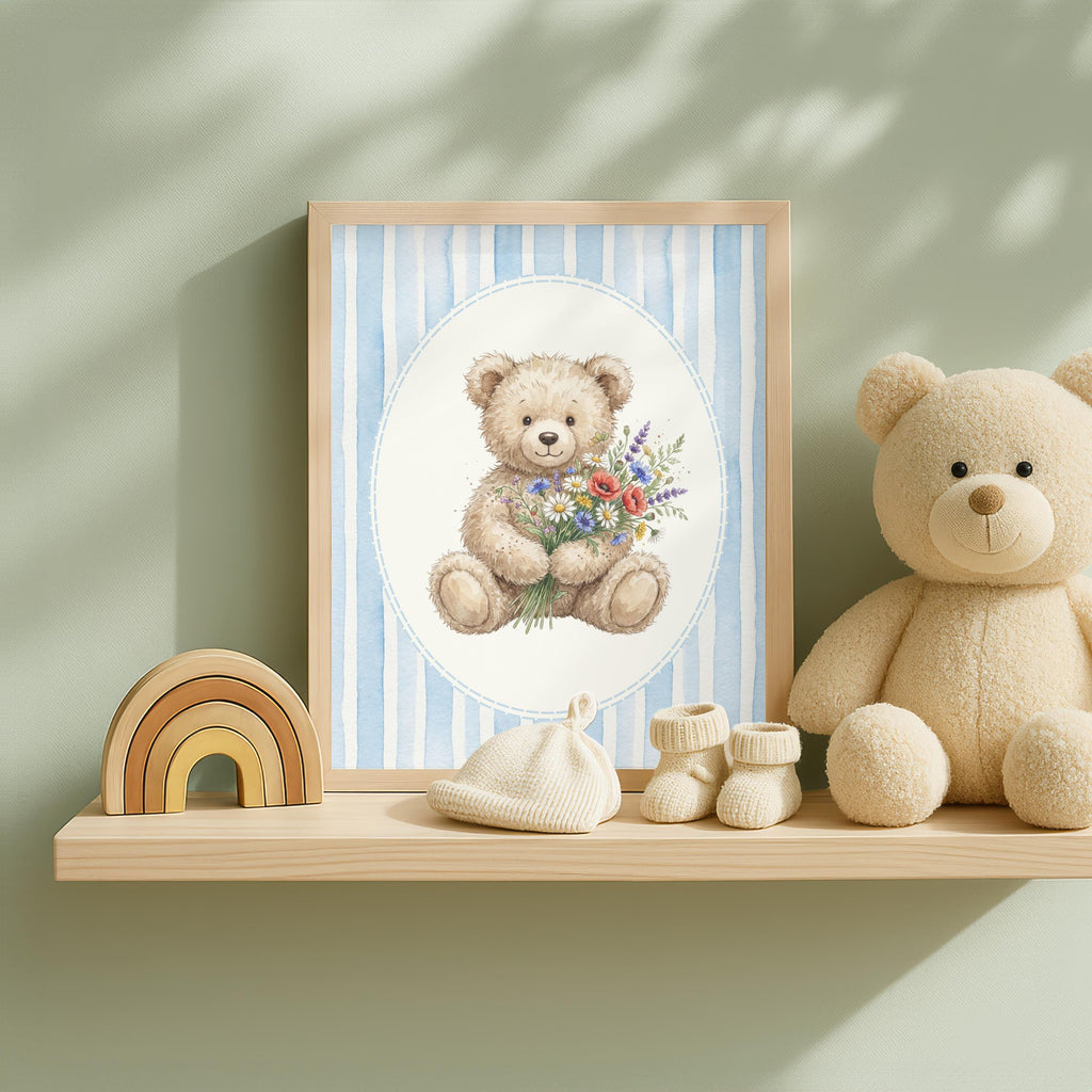 Personalized Blue Floral Teddy Bear Nursery Print, Custom Name (Digital Print)