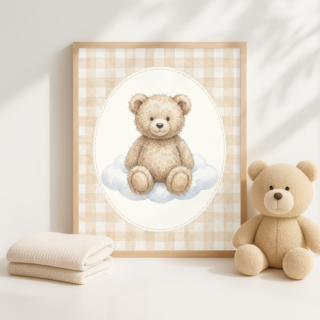 Teddy Bear Nursery Prints, Beige Gingham, Vintage Boho (Digital Download)