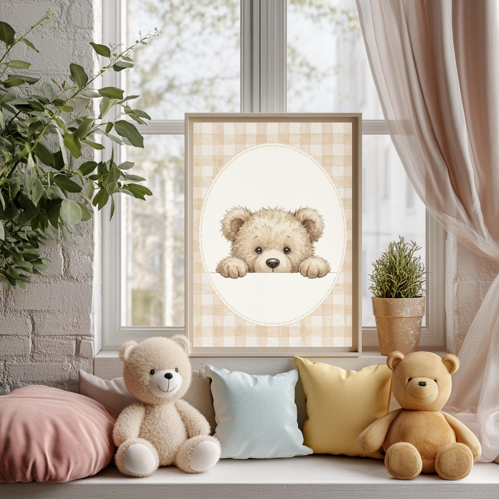 Teddy Bear Nursery Prints, Beige Gingham, Vintage Boho (Digital Download)