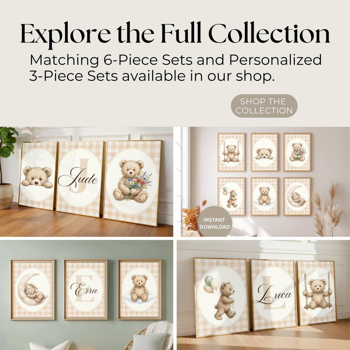 Teddy Bear Nursery Prints, Beige Gingham, Vintage Boho (Digital Download)