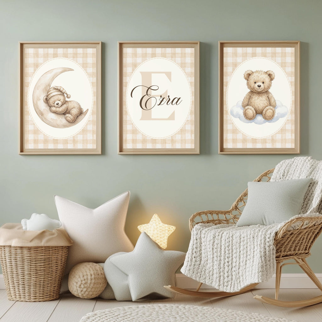 Personalized Gingham Bear Nursery Art, Custom Name Print (Digital Download)