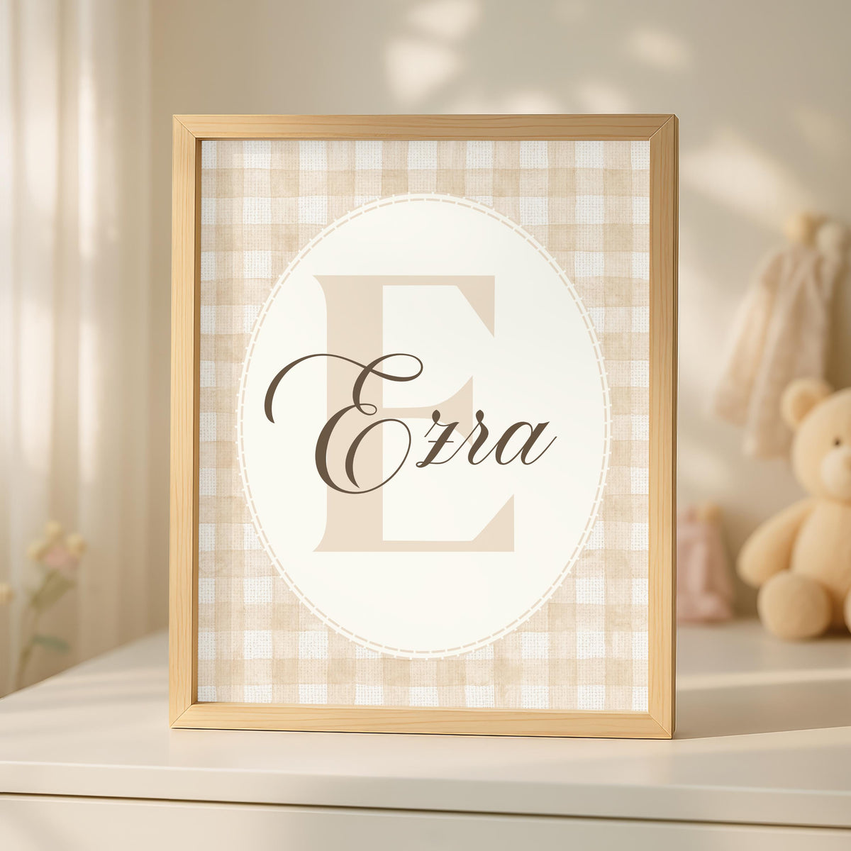 Personalized Gingham Bear Nursery Art, Custom Name Print (Digital Download)