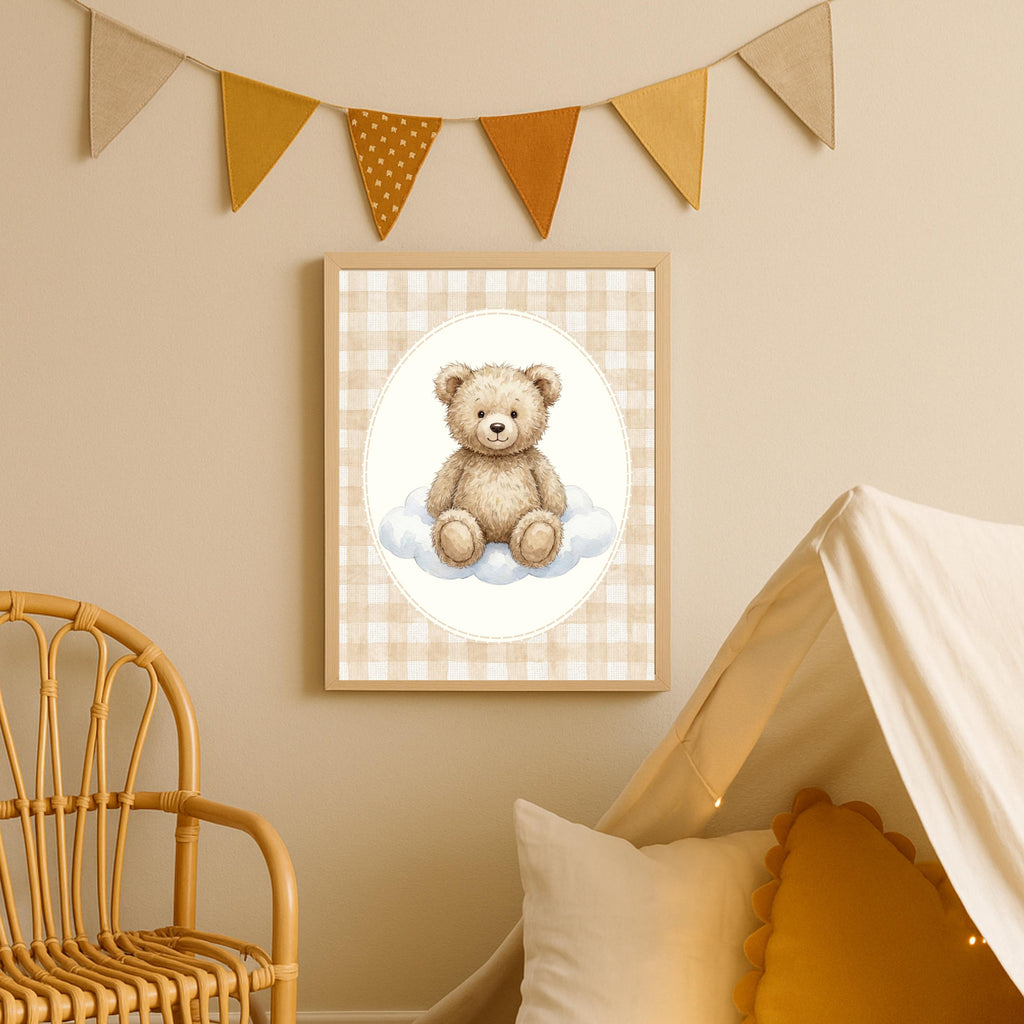 Personalized Gingham Bear Nursery Art, Custom Name Print (Digital Download)
