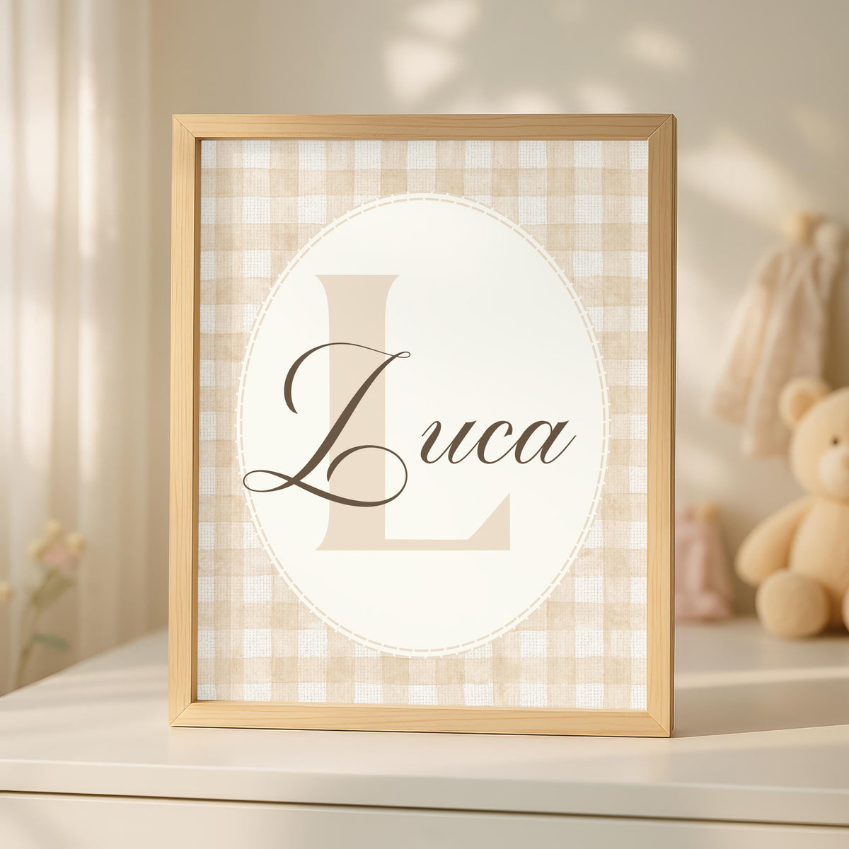 Personalized Gingham Bear Nursery Art, Custom Name Print (Digital Print)
