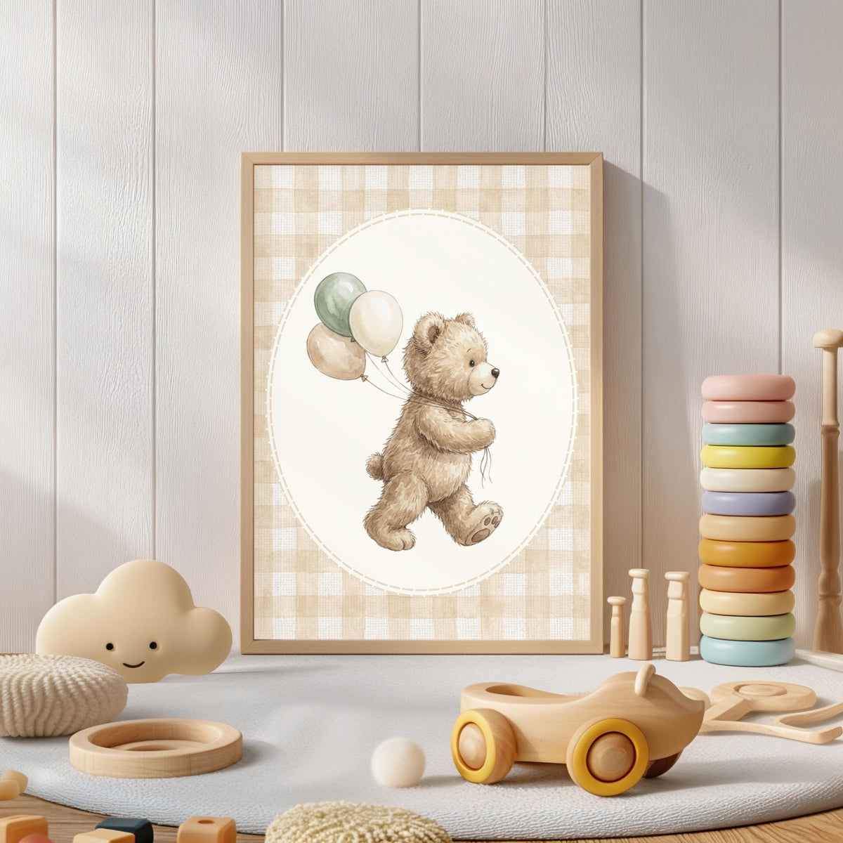 Personalized Gingham Bear Nursery Art, Custom Name Print (Digital Print)