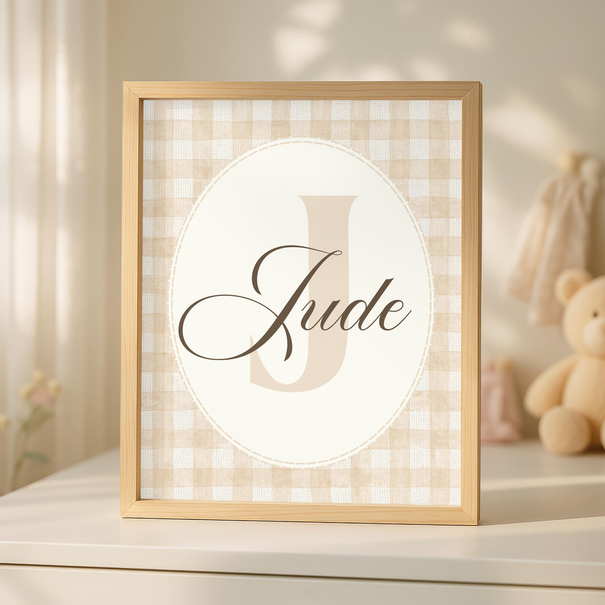 Personalized Floral Teddy Bear Print, Gingham Nursery Decor (Digital Print)