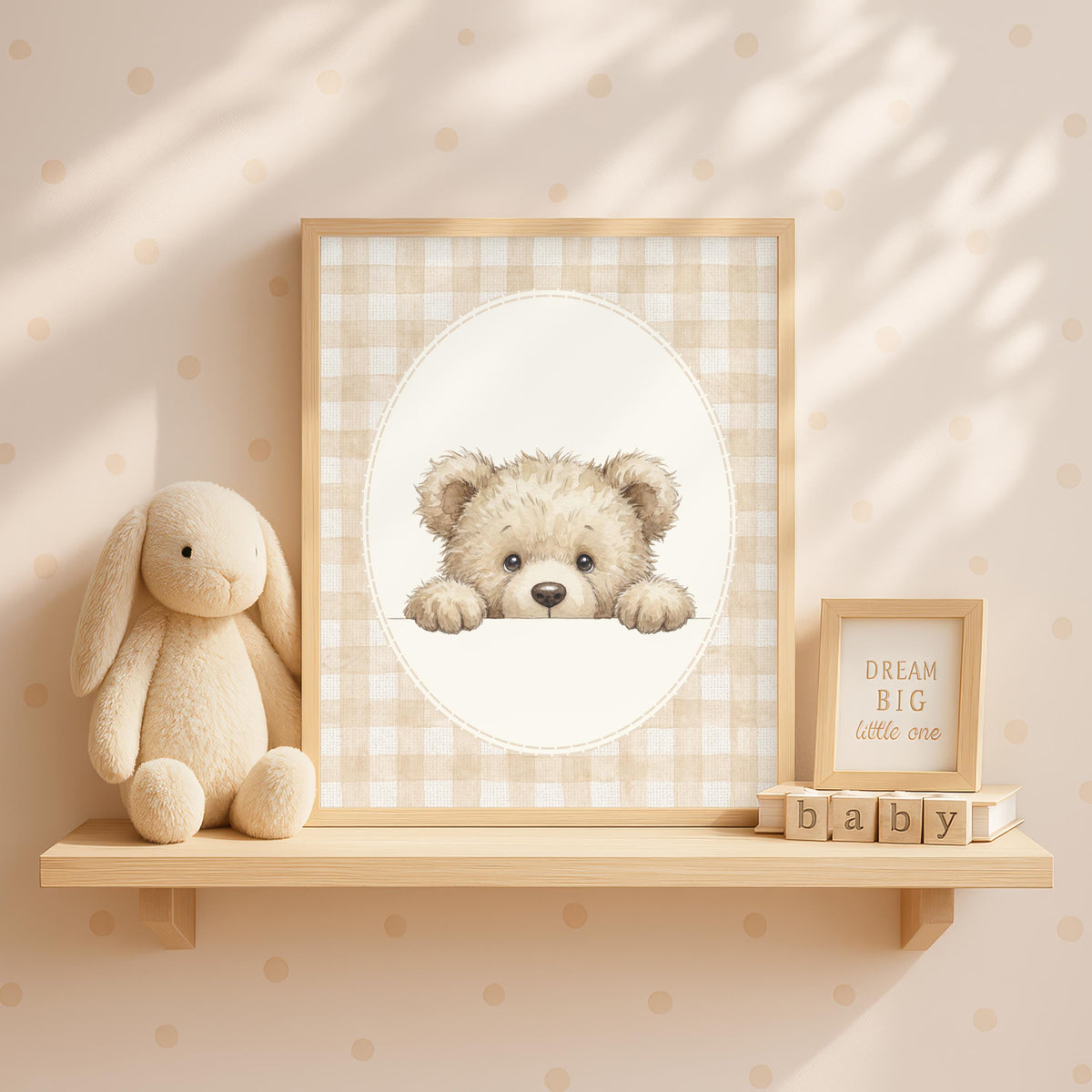 Personalized Floral Teddy Bear Print, Gingham Nursery Decor (Digital Print)