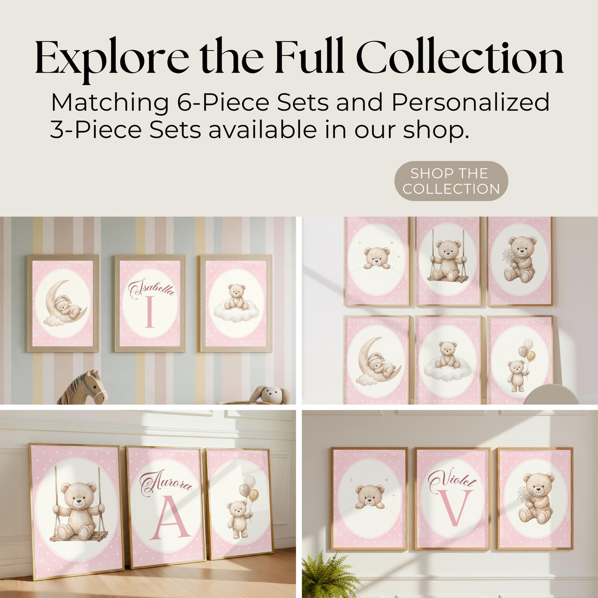 Personalized Pink Bear Nursery Art, Moon Decor (Digital Print, 24 Hours Ready)