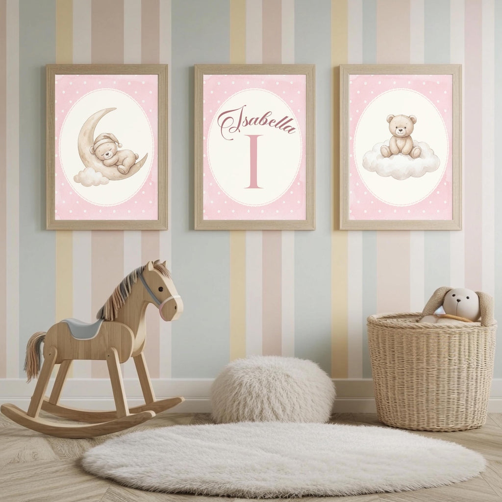 Personalized Pink Bear Nursery Art, Moon Decor (Digital Print, 24 Hours Ready)