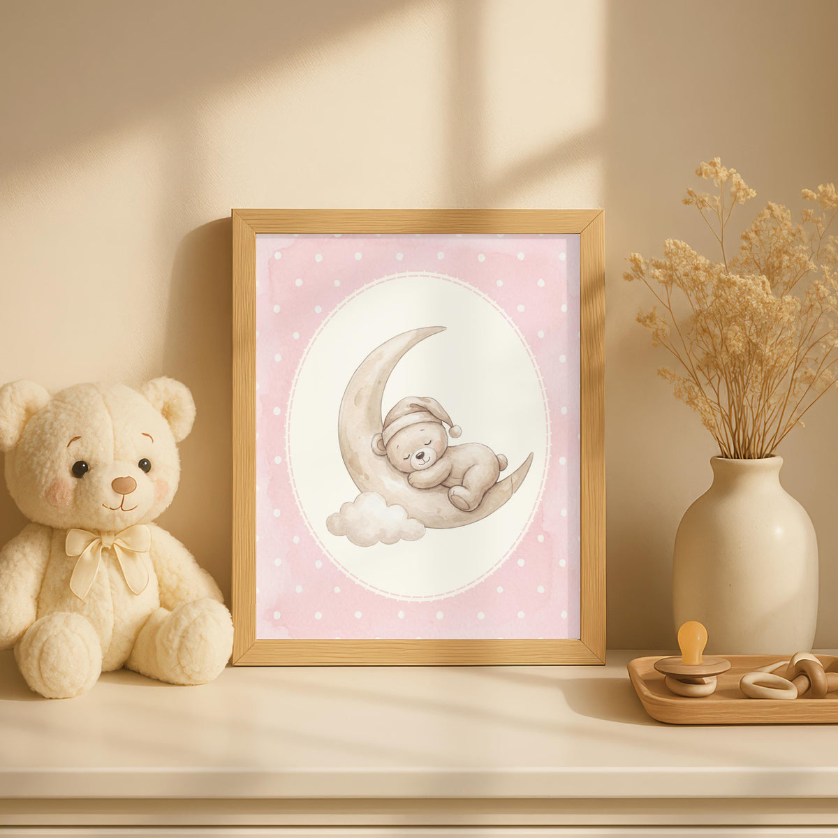 Personalized Pink Bear Nursery Art, Moon Decor (Digital Print, 24 Hours Ready)