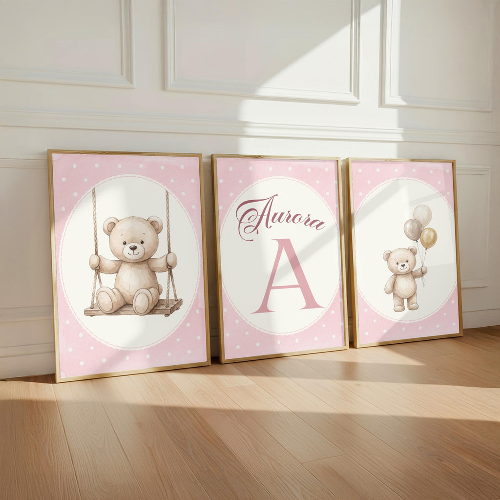 Personalized Pink Bear Nursery Art, Custom Name Print (Digital Print, Ready in 24 Hours)