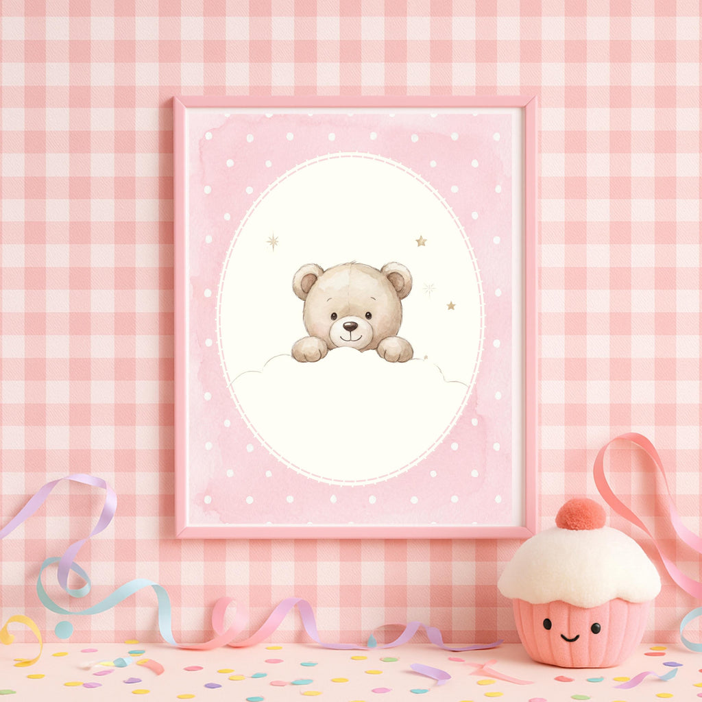 Personalized Floral Teddy Bear Print, Pink Nursery Decor (Digital Print)