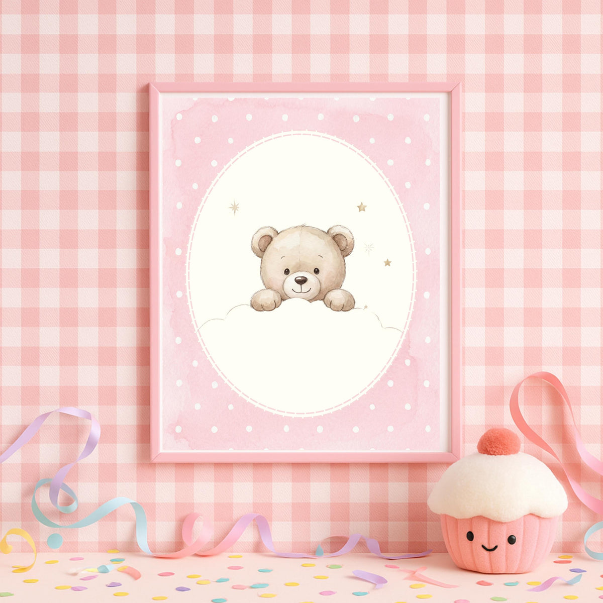 Personalized Floral Teddy Bear Print, Pink Nursery Decor (Digital Print)