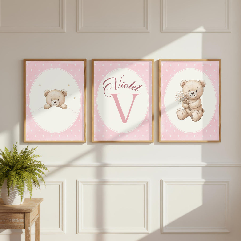 Personalized Floral Teddy Bear Print, Pink Nursery Decor (Digital Print)