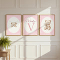 Personalized Floral Teddy Bear Print, Pink Nursery Decor (Digital Print)