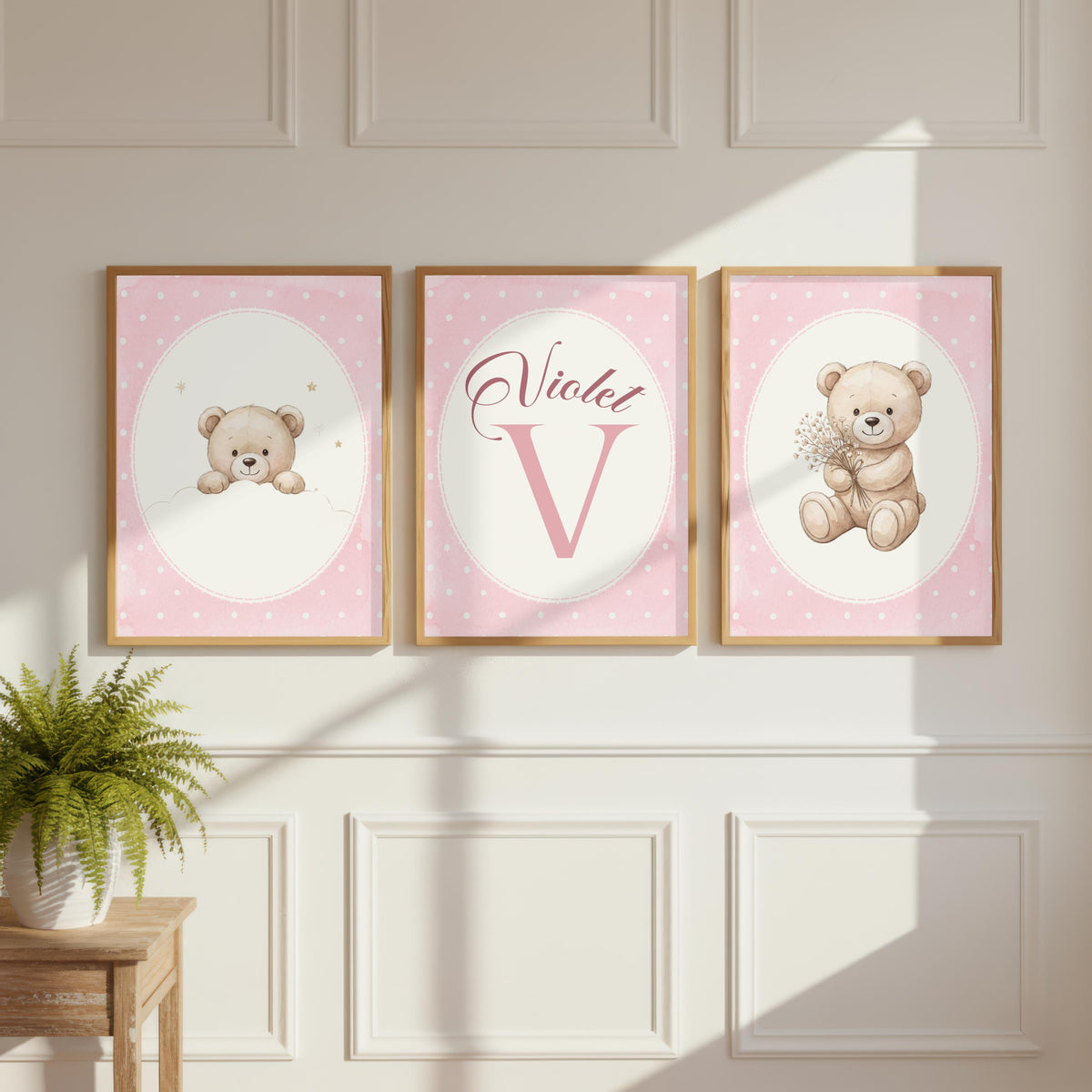 Personalized Floral Teddy Bear Print, Pink Nursery Decor (Digital Print)