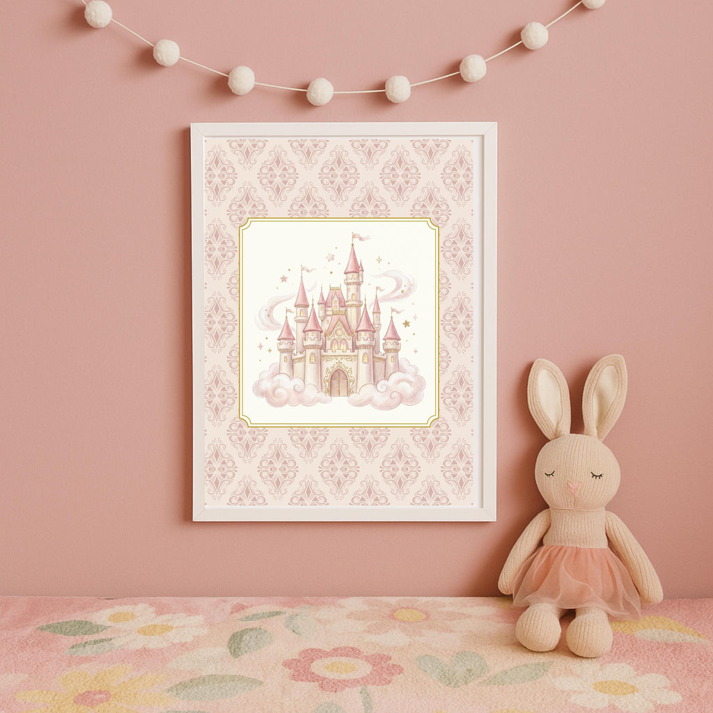 Princess Nursery Prints, Pink Gold Castle Carriage Wall Art (Digital Download Set of 6 )