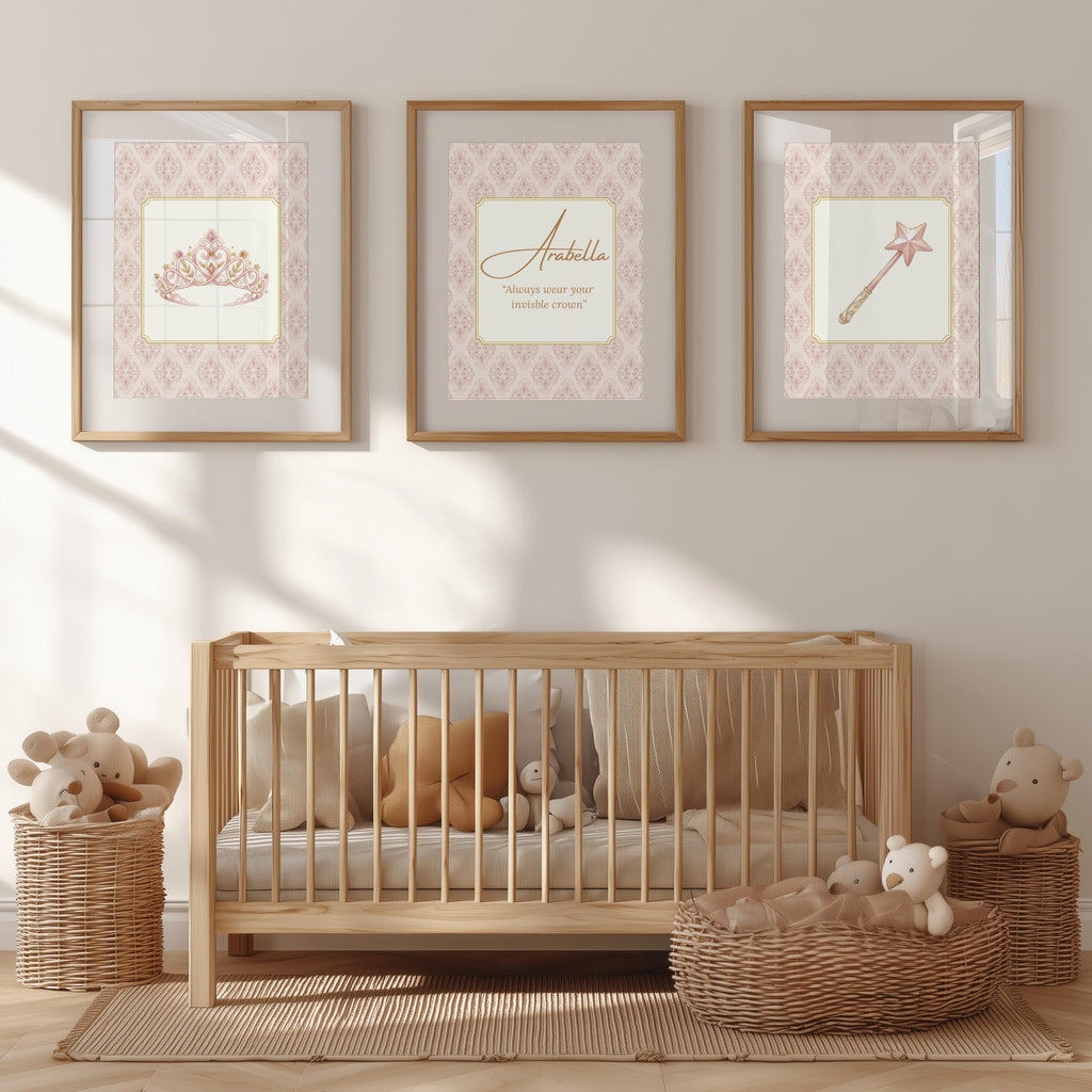 Personalized Princess Name Print Set, Magic Wand & Tiara, Pink and Gold (Digital Download)