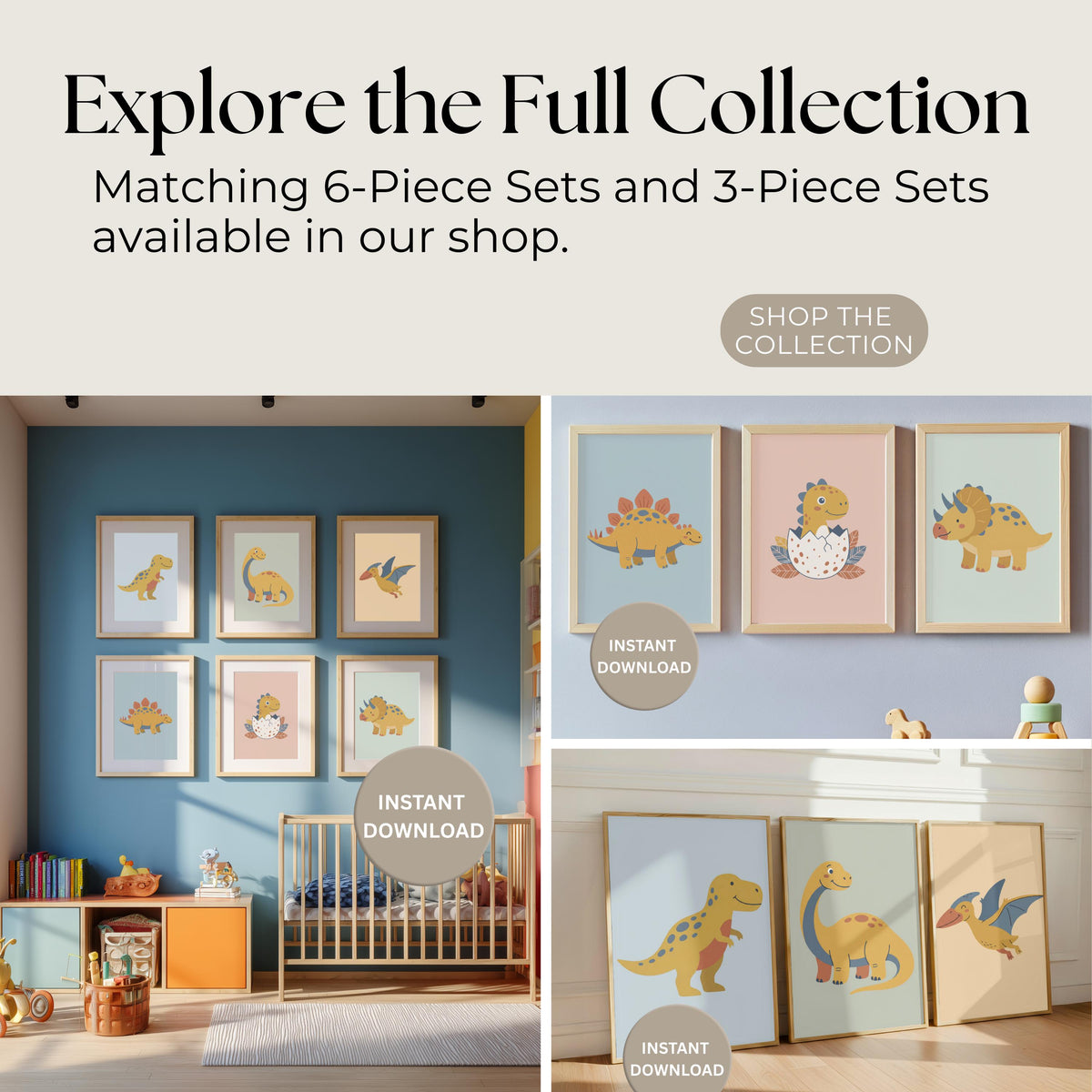 Boho Dinosaur Nursery Prints, Muted Yellow & Blue Set (Digital Download)