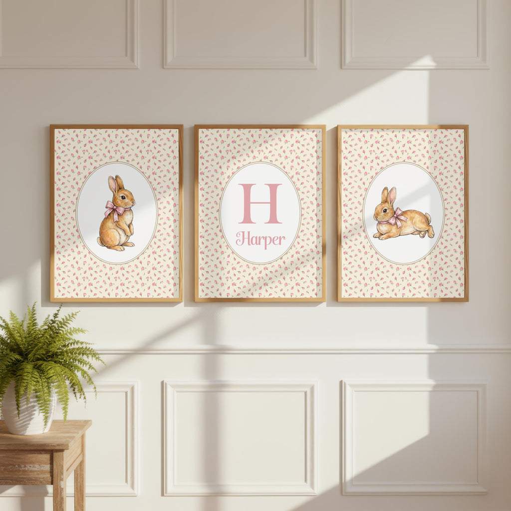 Personalized Bunny Nursery Art, Custom Name Floral Girl Decor (Digital Download)