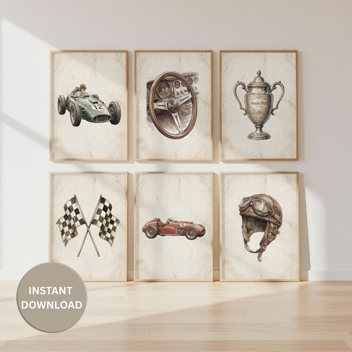 Vintage Race Car Nursery Prints, Boys Room Wall Art (Digital Download Set of 6)