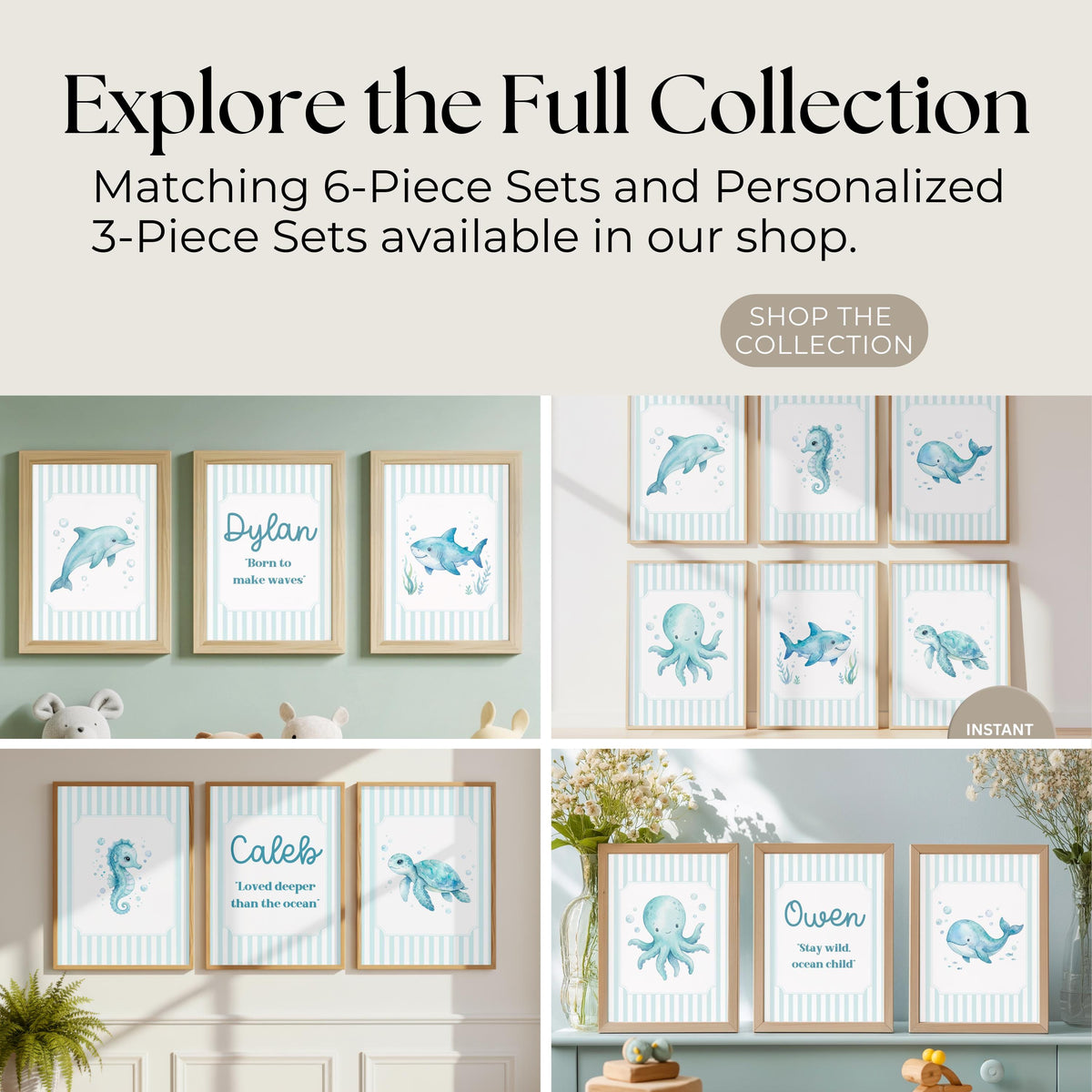 Blue Ocean Nursery Prints, Striped Sea Life Wall Art (Digital Download Set of 6)