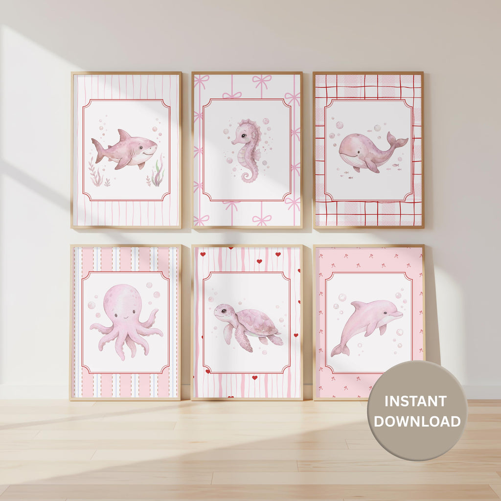 Coquette Nursery Prints, Pink Ocean Wall Art (Digital Download Set of 6)