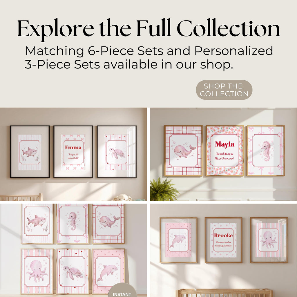 Personalized Girl Nursery Decor, Pink Whale & Seahorse Art (Digital Download)