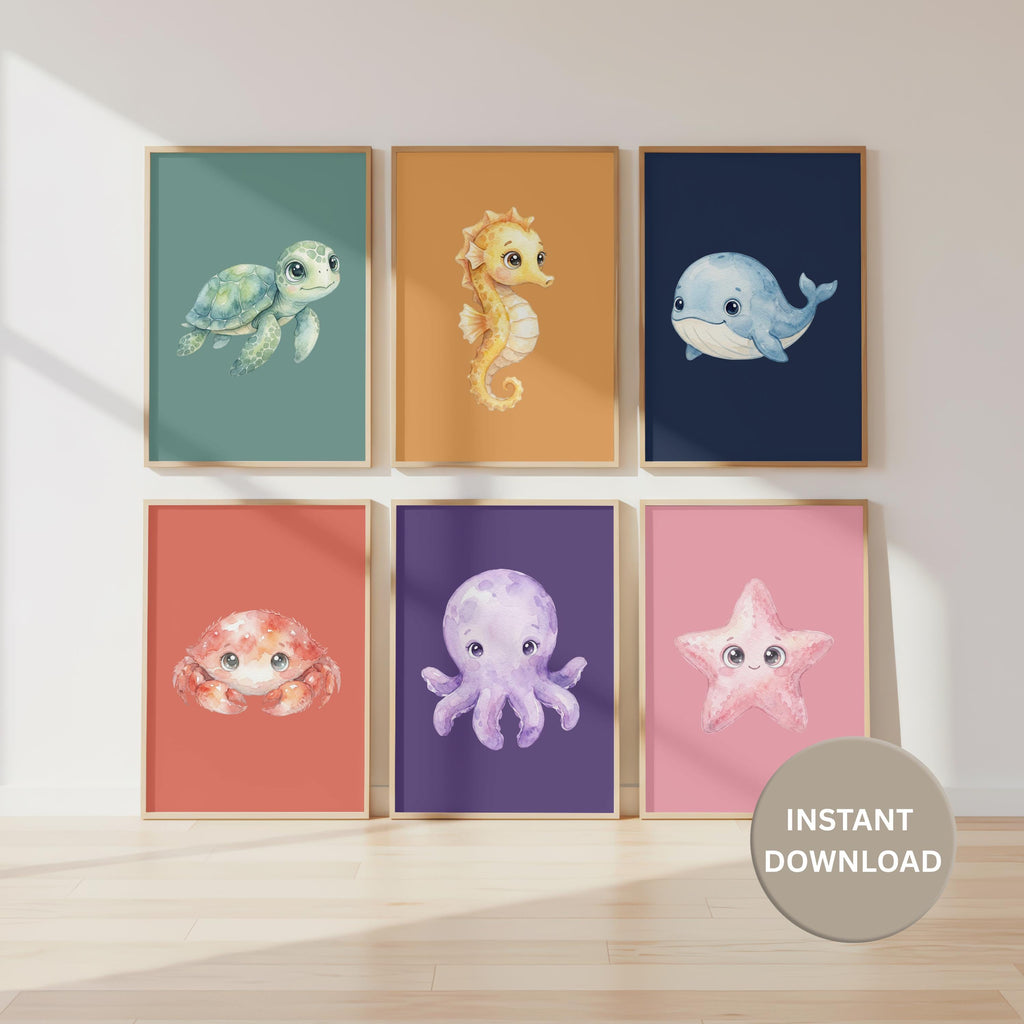 Boho Ocean Nursery Prints, Scandi Sea Life Wall Art (Digital Download Set of 6)
