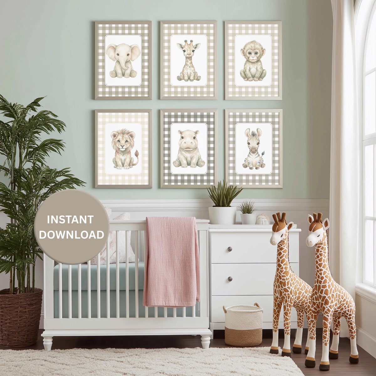 Gingham Safari Nursery Prints, Beige Check Wall Art (Digital Download Set of 6)