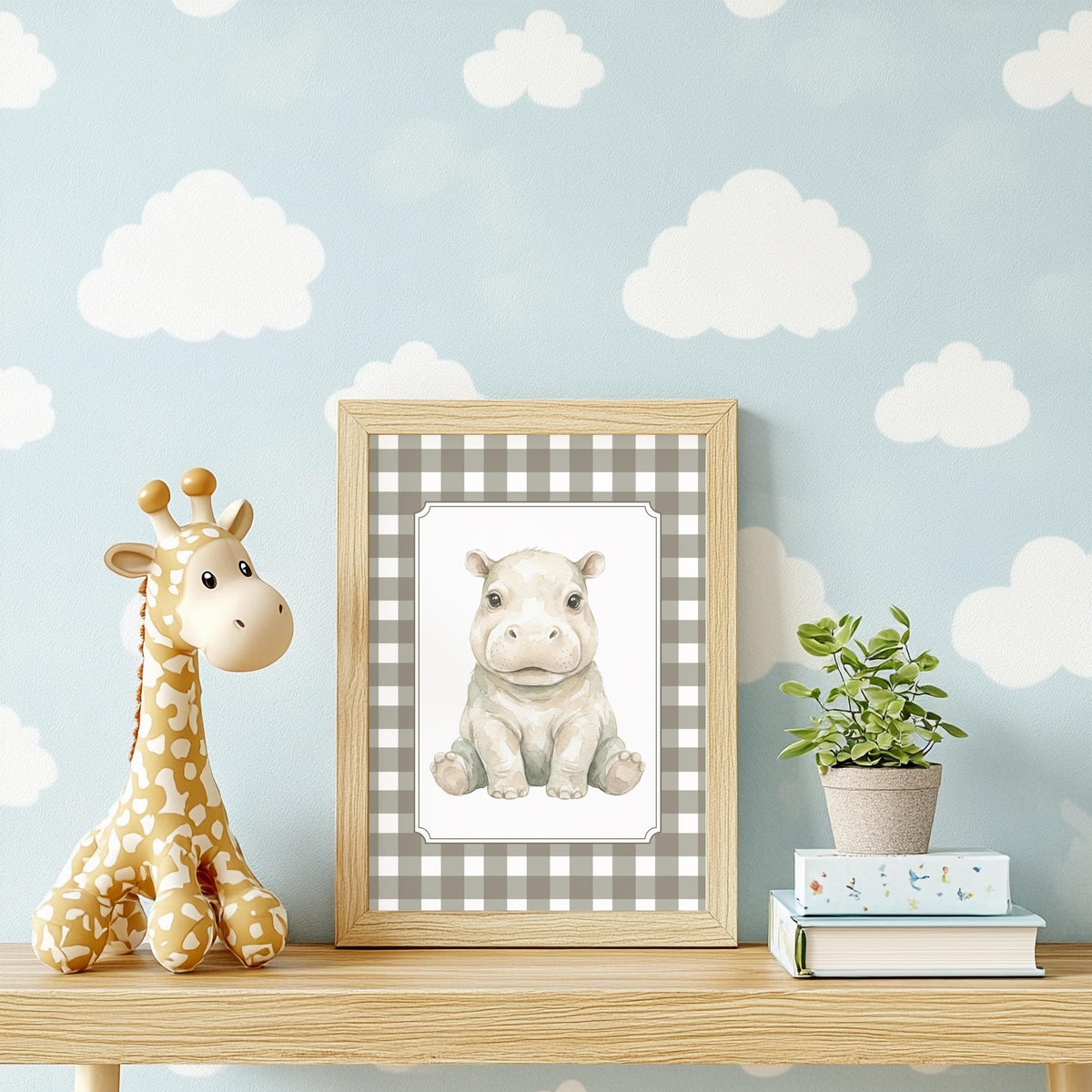 Gingham Safari Nursery Prints, Beige Check Wall Art (Digital Download Set of 6)