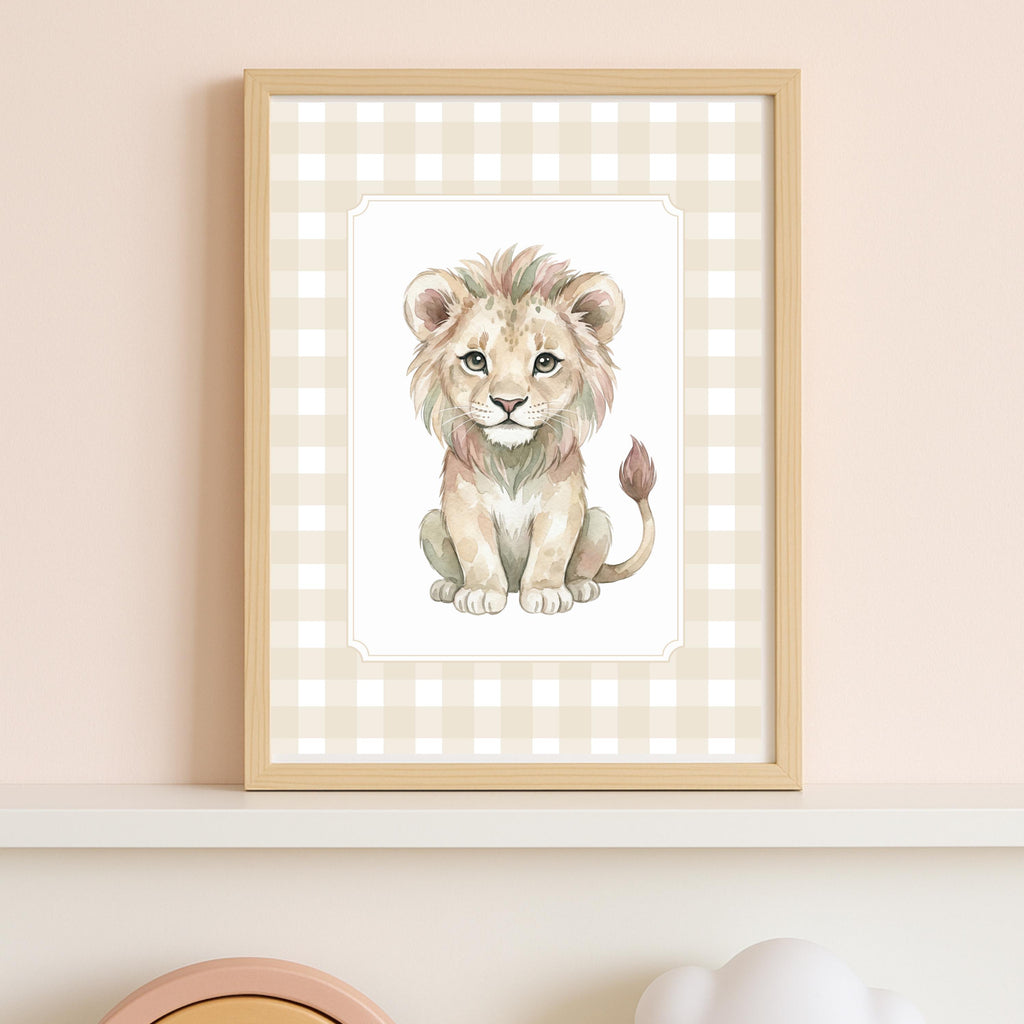Gingham Safari Nursery Prints, Beige Check Wall Art (Digital Download Set of 6)