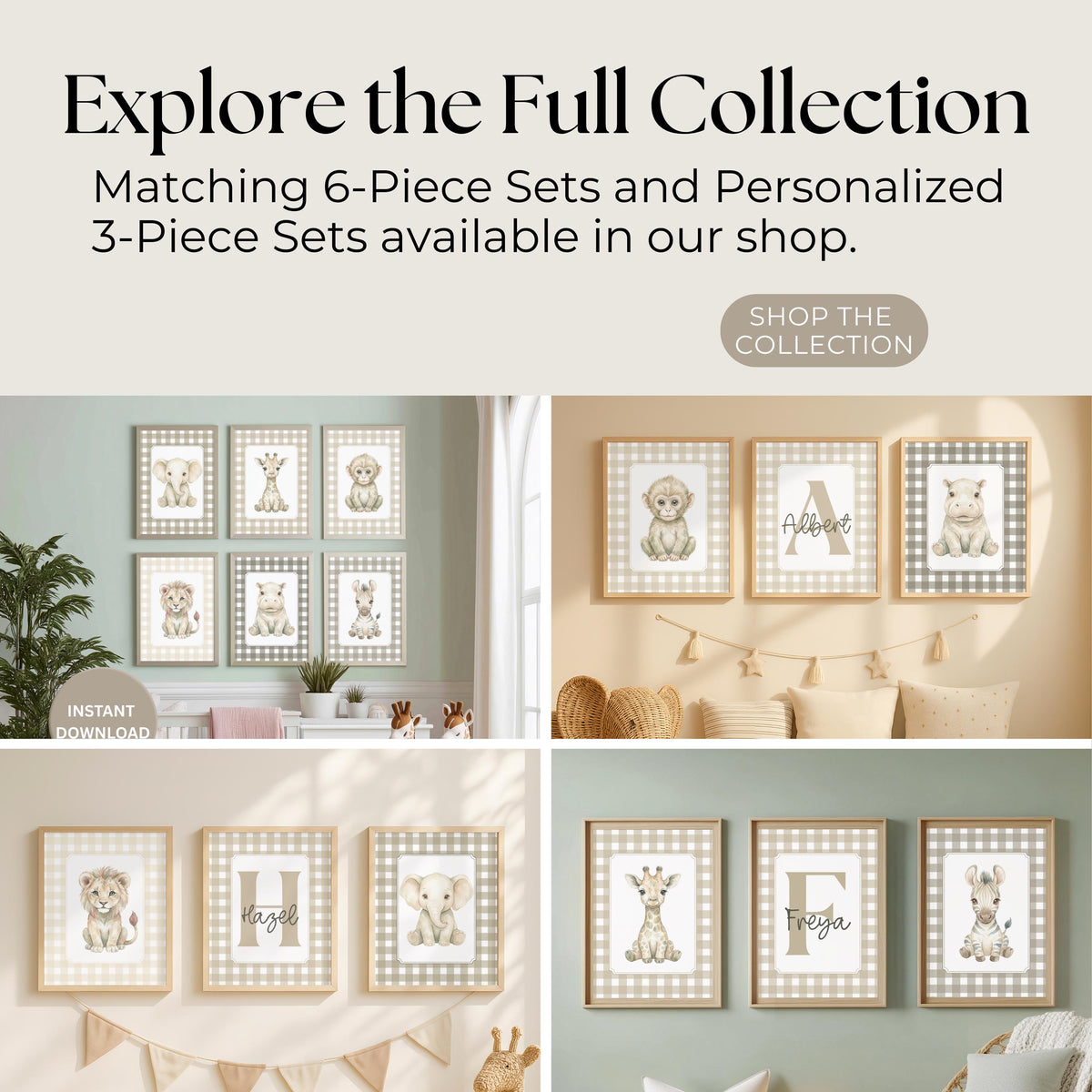 Gingham Safari Nursery Prints, Beige Check Wall Art (Digital Download Set of 6)