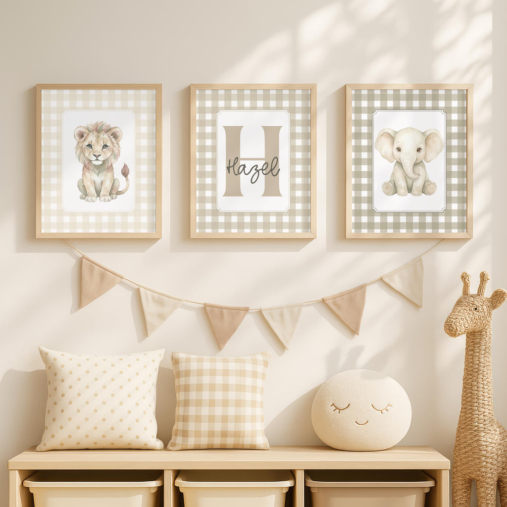 Personalized Initial Name Sign, Gingham Safari Decor (Digital Download)