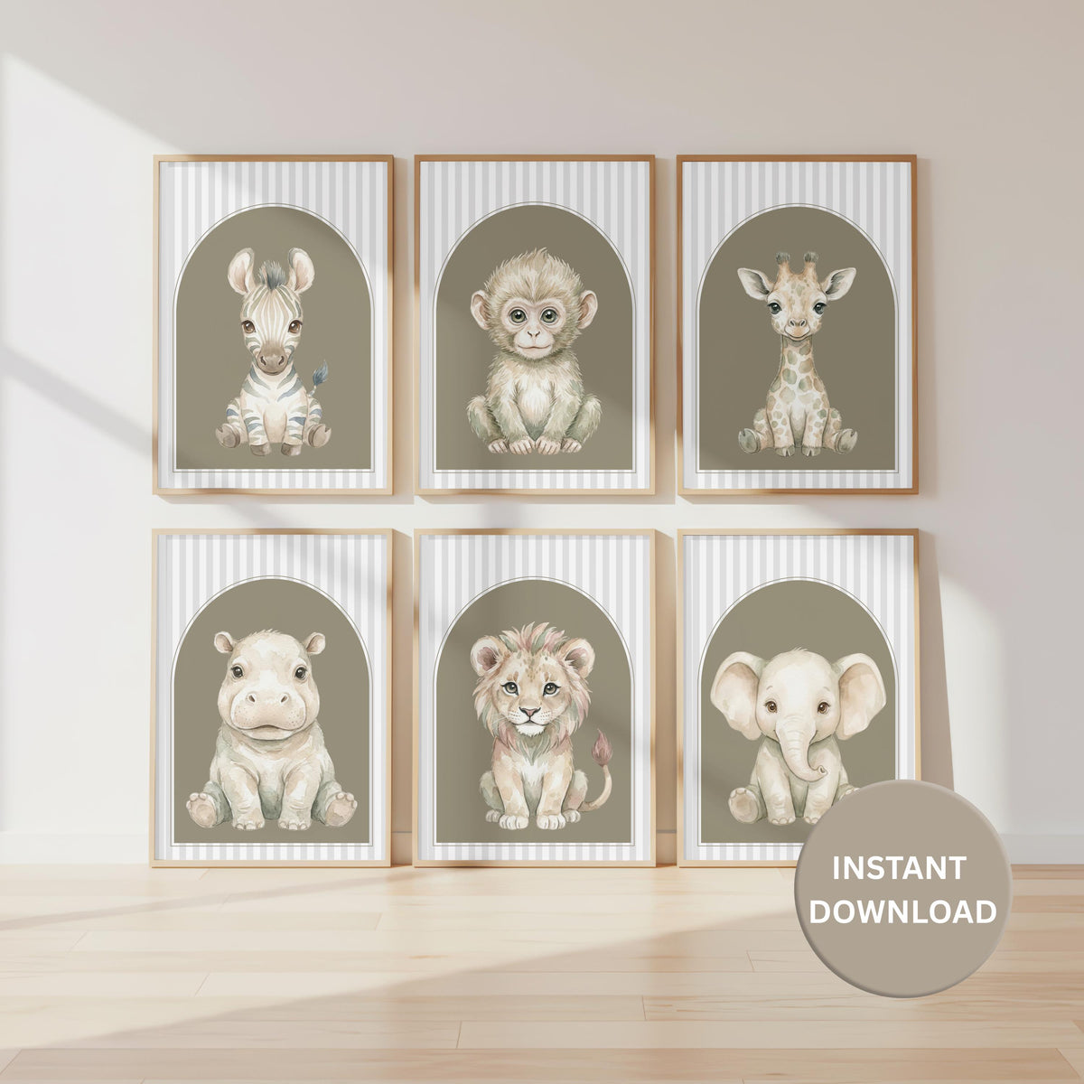 Sage Green Safari Prints, Arch Nursery Wall Art (Digital Download Set of 6)