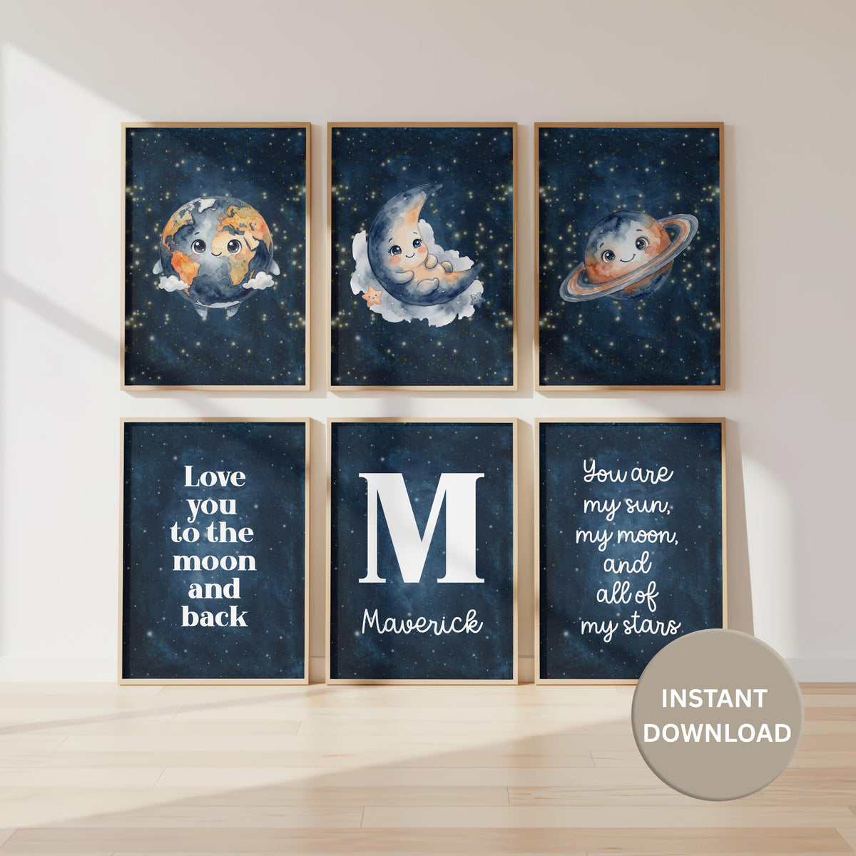Personalized Moon and Stars Nursery Print, Navy Galaxy Decor (Digital Download)