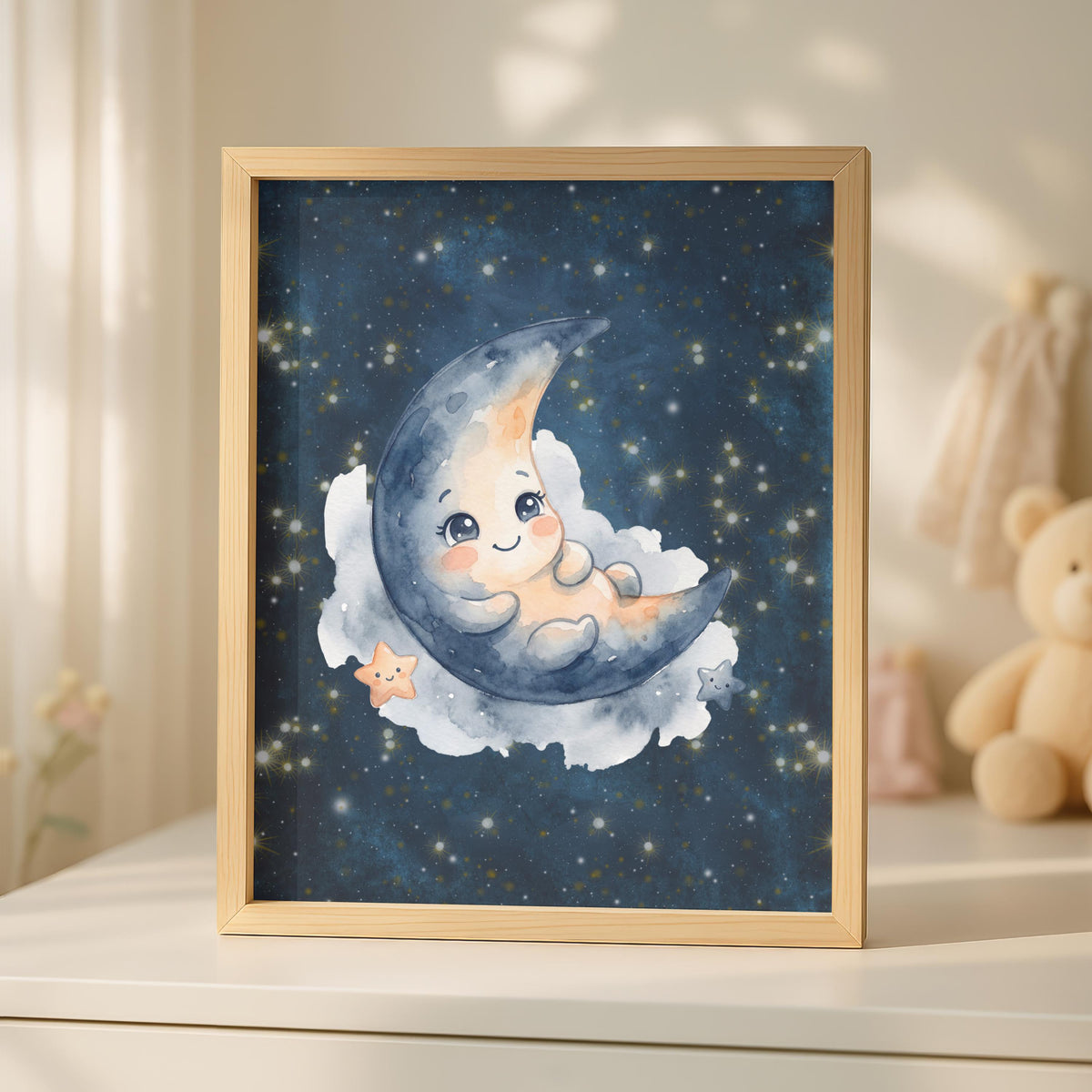 Personalized Moon and Stars Nursery Print, Navy Galaxy Decor (Digital Download)