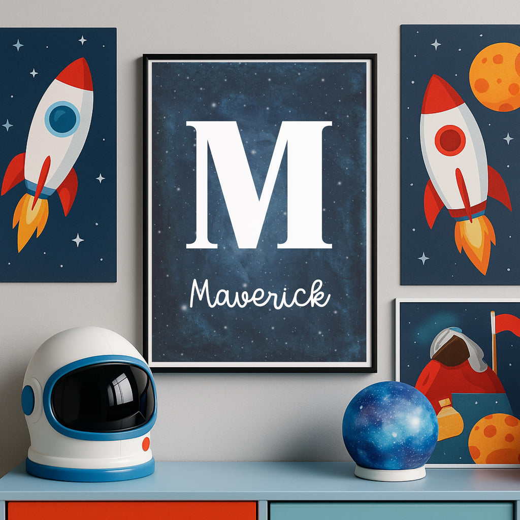 Personalized Moon and Stars Nursery Print, Navy Galaxy Decor (Digital Download)