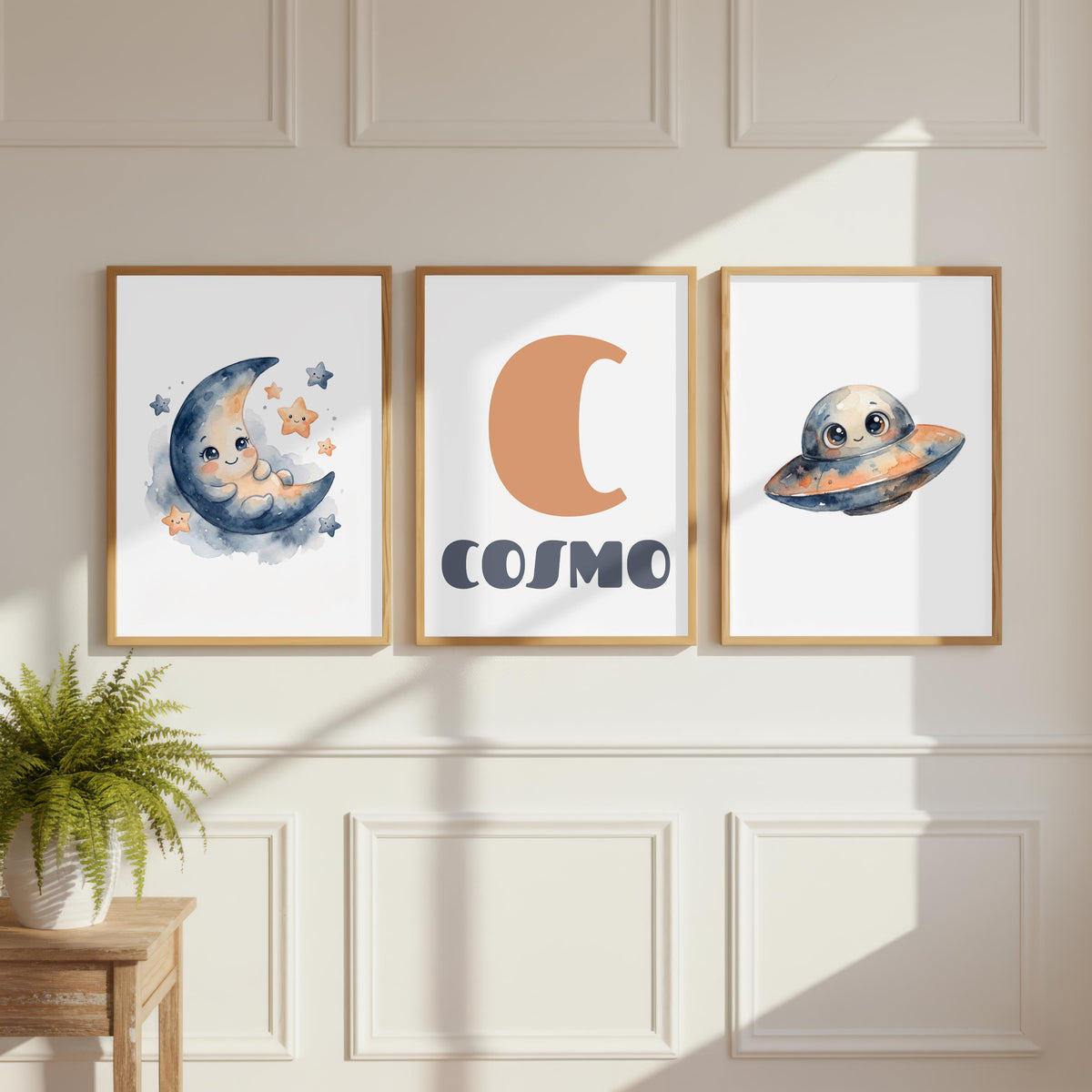Personalized Space Nursery Print, Watercolor Moon, UFO, Custom Name (Digital Download)