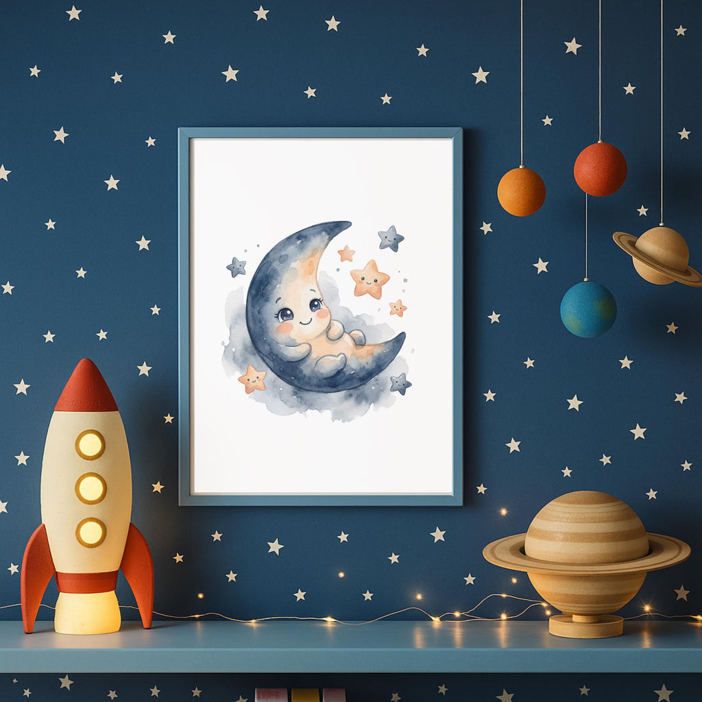 Personalized Space Nursery Print, Watercolor Moon, UFO, Custom Name (Digital Download)