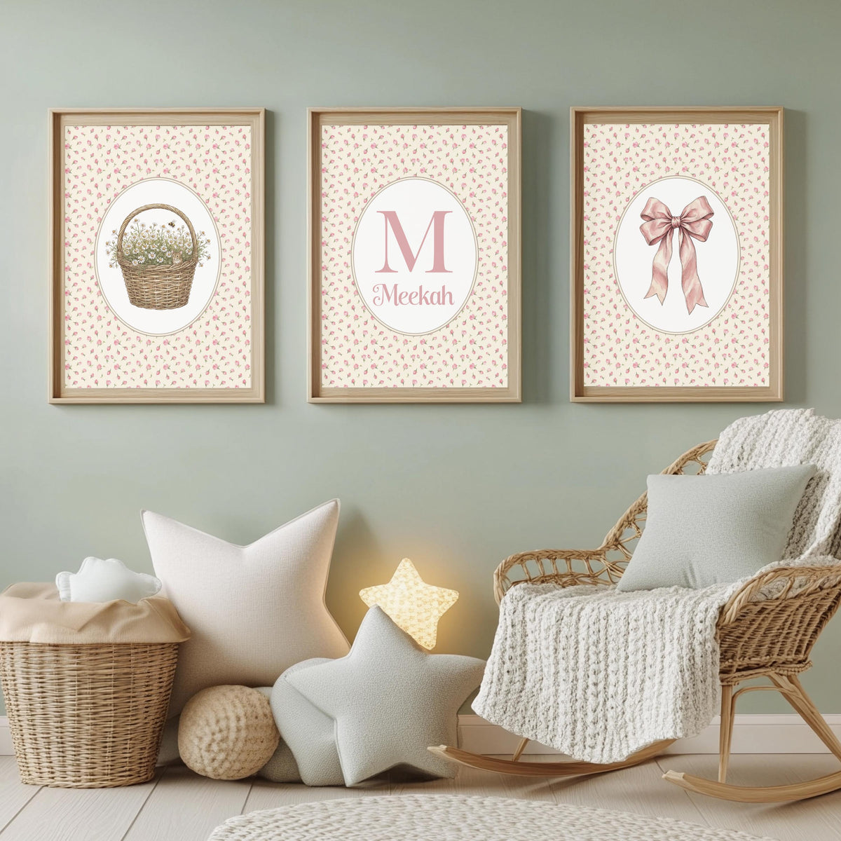 Personalized  Coquette Nursery Art, Custom Bow & Basket Print (Digital Download)
