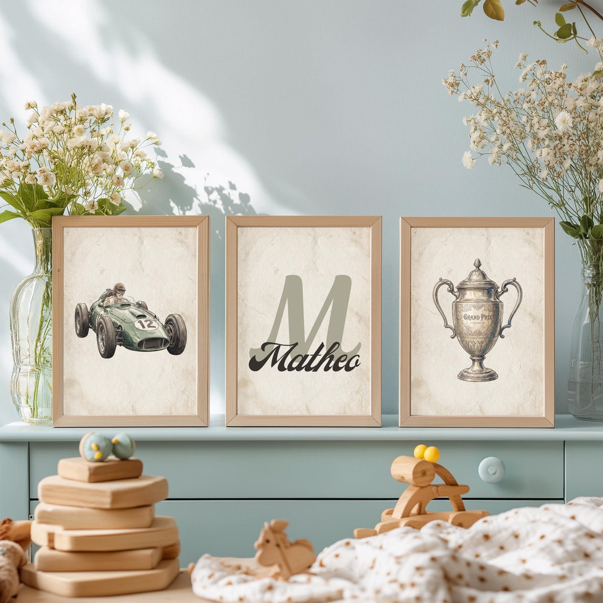Personalized Race Car Nursery Art, Vintage Boy Name Sign (Digital Download)