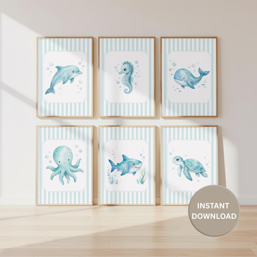Blue Ocean Nursery Prints, Striped Sea Life Wall Art (Digital Download Set of 6)